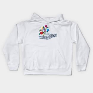 Embroidery of skeletal hand catching flowers Kids Hoodie